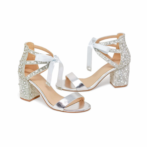 Silver bridal shoes block heel Clearance