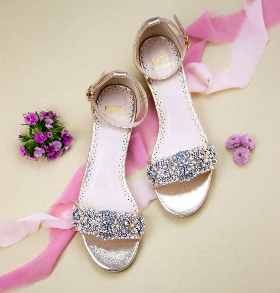 Kate Whitcomb Wedding Flats Aerin Light Gold Satin Comfortable Wedding Flats Kate Whitcomb Shoes