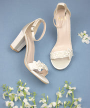 Bridal Shoes Lace Block Heel - Lia Ivory - Kate Whitcomb Shoes
