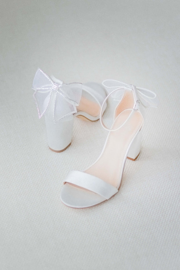 White Wedding Shoes With Low Block Heel and Bow Ankle Straps