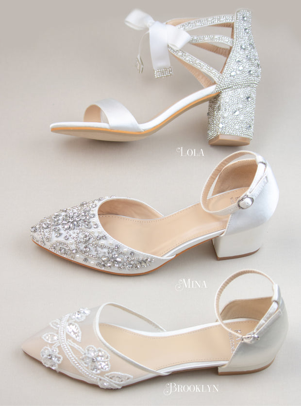Ivory or White Lace Bridal Shoes with Block Heel Crystals Front and Ba –  Custom Wedding Shoes by A Bidda Bling