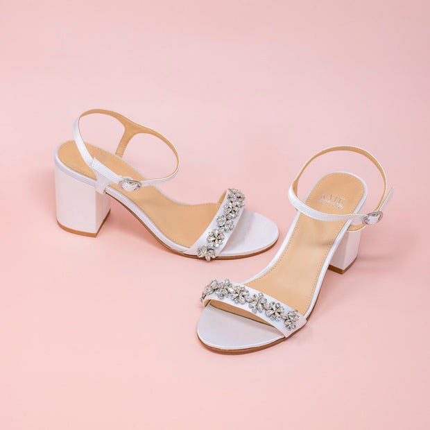 Satin Wedding Block Heel with Chassia Flower, Bridal Shoes